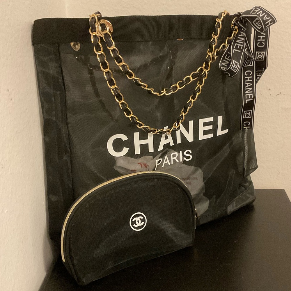 NIP CHANEL Beauty Mesh Tote Bag & Makeup Pouch Set of 2